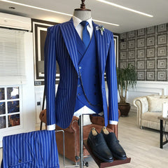Newinlook Gentle Blue Three-Piece Bespoke Suit with Peaked Lapel and Stripes