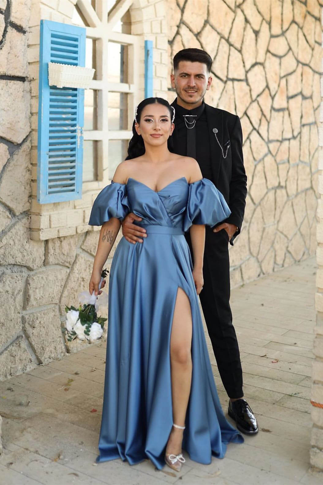 Newinlook Off-The-Shoulder Dusty Blue Puff Sleeves Evening Dress With Front Split Sweetheart