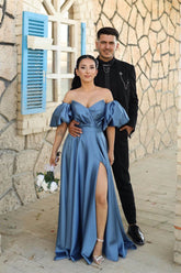 Newinlook Off-The-Shoulder Dusty Blue Puff Sleeves Evening Dress With Front Split Sweetheart