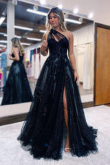 Newinlook One-Shoulder Sweetheart Black Tulle Split Evening Dress With Appliques