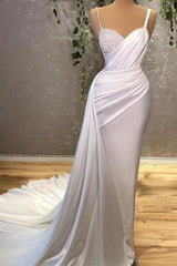 Newinlook White Mermaid Spaghetti Strap Evening Dress Long With Pearls