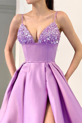 Newinlook Lavender A-Line Spaghetti-Straps Sequins Evening Dress With Split