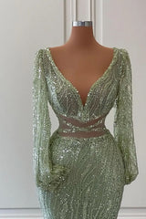 Newinlook Light Green Long Sleeves V-Neck Evening Dress Mermaid With Sequins Beads