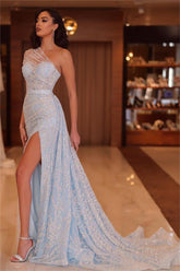 Glamorous One Shoulder Sleeveless Pleated Split Long Formal Dress With Beadings