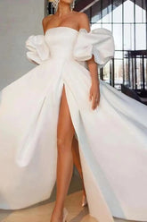 Newinlook White Off-The-Shoulder Long Evening Dress Bubble Sleeves With Slit