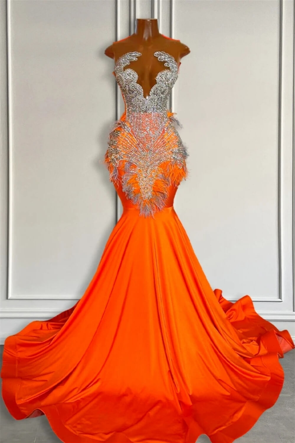 Beautiful Orange Sleeveless Illusion Mermaid Prom Party Dresses With Beads and Feathers