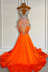 Beautiful Orange Sleeveless Illusion Mermaid Prom Party Dresses With Beads and Feathers