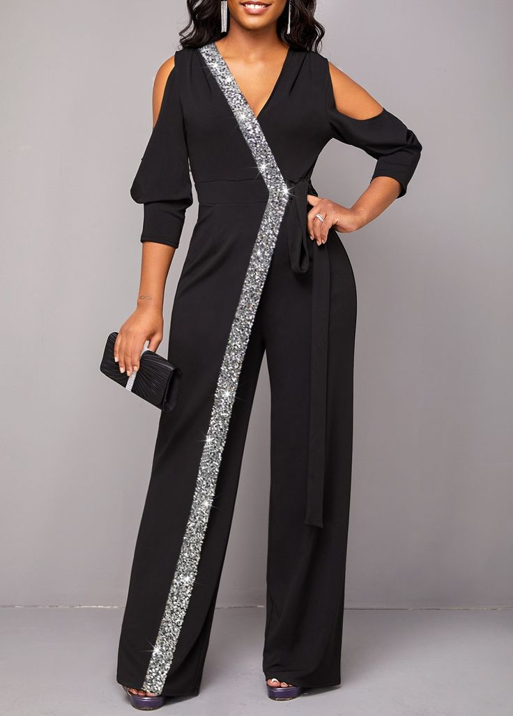 Newinlook Chic Black Long Sleeves V-Neck Sequins Long Jump Suit