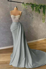 Newinlook Spaghetti-Straps Elegant Pearl Mermaid Evening Dress With Sequins Pleat