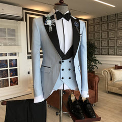 Newinlook Fashionable Black Peaked Lapel Sky Blue Three-Piece Party Suit for Men