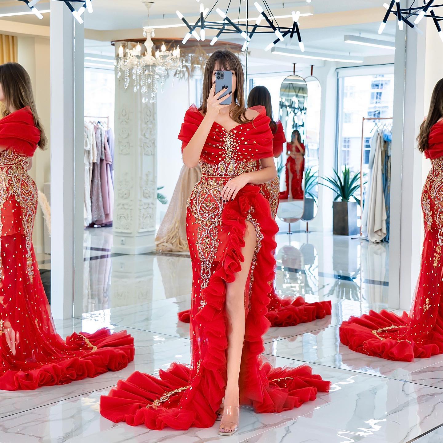 Newinlook Elegant Red Off-The-Shoulder Evening Dress With Split