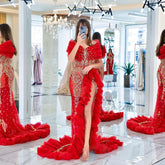 Newinlook Elegant Red Off-The-Shoulder Evening Dress With Split