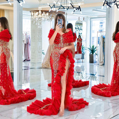 Newinlook Elegant Red Off-The-Shoulder Evening Dress With Split