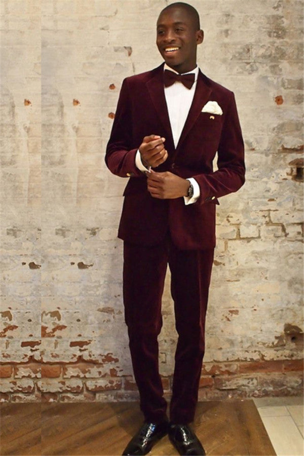Newinlook Classic Wine Red Party Bespoke Prom Suit for Guys, Velvet with Notched Lapel