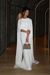 Shinning White Sleeveless Pleated Long Formal Dress With Shawl