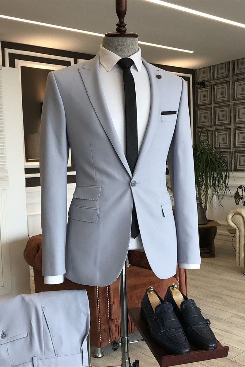 Newinlook Simple One-Button Silver Western Wedding Suit with Peaked Lapel