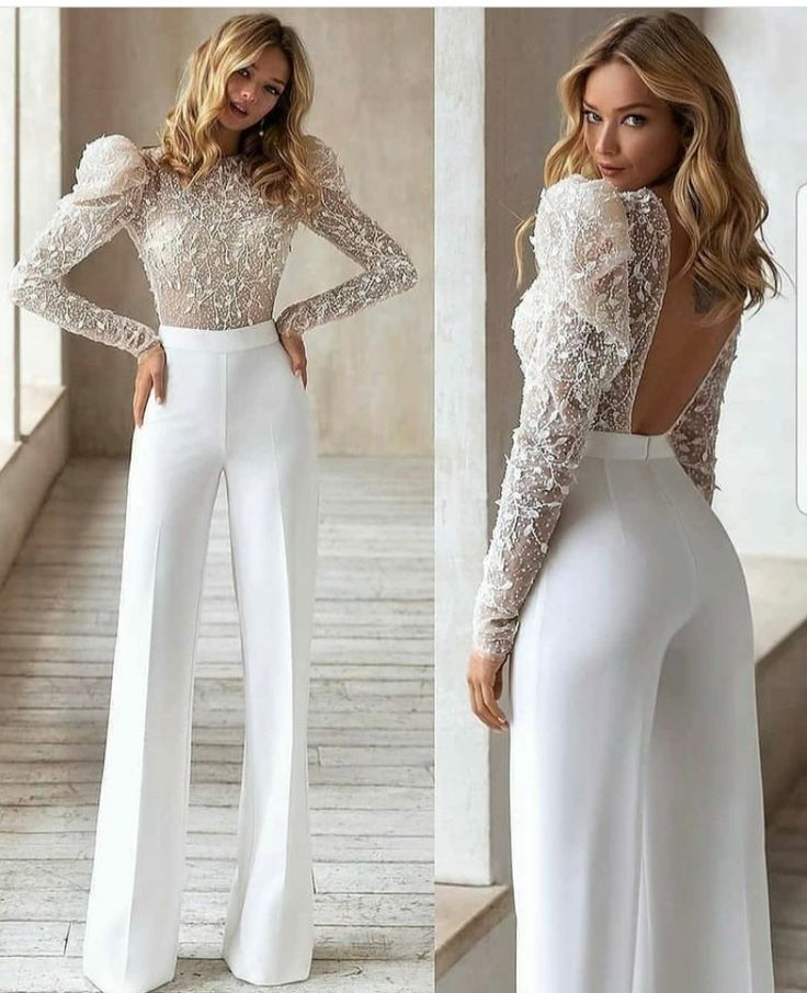 Newinlook White Bubble Sleeves Backless Lace Embroidery Applique Long Jump Suit