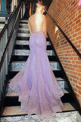 Newinlook Shallow Purple Spaghetti Strap Sequins Backless Slit Mermaid Evening Dress