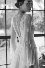 Newinlook White V-Neck Split Long Wedding Evening Dress With Sleeves