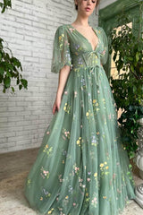 Newinlook Deep V-Neck Tulle Aqua Beautiful Half Sleeves Evening Dress With Embroidery Flowers