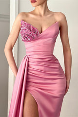 Newinlook Pink V-Neck Beads Long Slit Mermaid Evening Dress With Ruffles