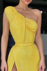 Newinlook Yellow Mermaid One-Shoulder Evening Dress Sequins Split