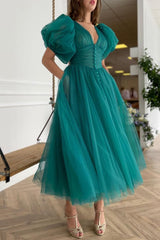 Newinlook Dark Green Evening Dress A-Line With Short Sleeves V-Neck