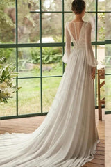 Newinlook White V-Neck Split Long Wedding Evening Dress With Sleeves