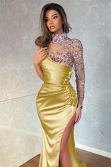 Newinlook Dark Purple Appliques Mermaid High Collar Evening Dress With Beadings Split