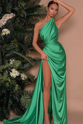 Newinlook Elegant One Shoulder Sleeveless Mermaid Front Split Evening Dress Green