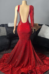 Newinlook Stunning Red Sequins One Shoulder Long Sleeve Mermaid Evening Dress Long