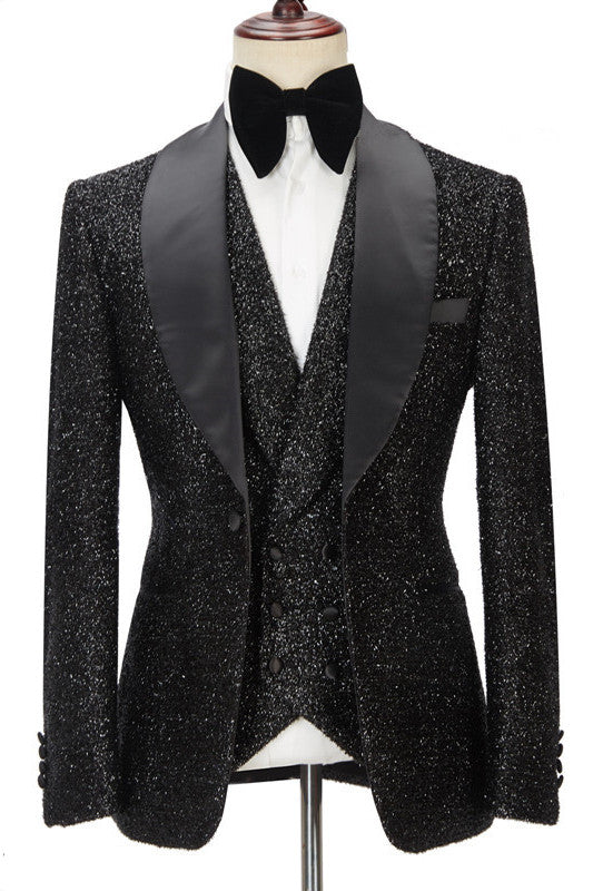 Newinlook Popular Black Three-Piece Groomsmen Tuxedo with Sparkly Shawl Lapel