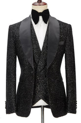 Newinlook Popular Black Three-Piece Groomsmen Tuxedo with Sparkly Shawl Lapel