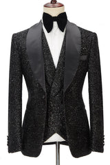 Newinlook Popular Black Three-Piece Groomsmen Tuxedo with Sparkly Shawl Lapel
