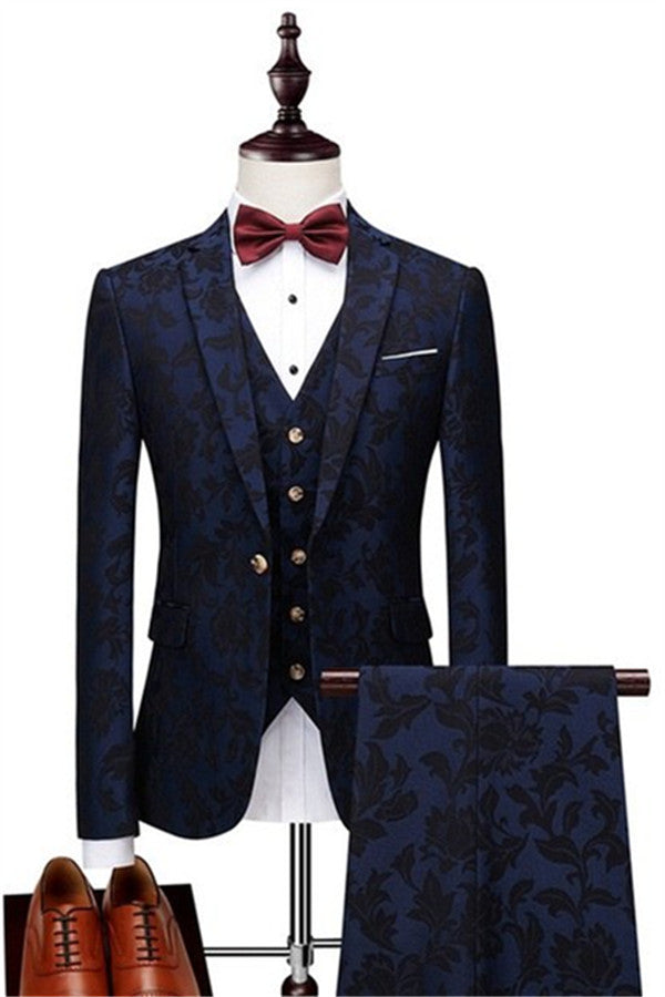 Newinlook Navy Blue Groomsmen Outfits - High Quality Tuxedo with Jacquard Three Pieces