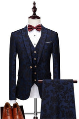 Newinlook Navy Blue Groomsmen Outfits - High Quality Tuxedo with Jacquard Three Pieces