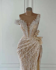 Sequins One Shoulder Sleeveless Long Mermaid Formal Dress With Split
