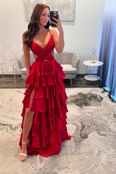 Spaghetti Strap Sleeveless Long Split Formal Dress With Ruffles
