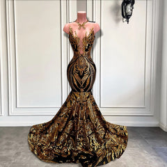 Beautiful Sleeveless Mermaid Long Formal Dresses with Gold Sequins