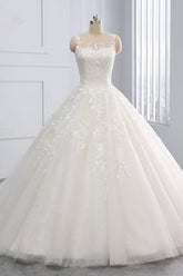 Affordable Ball Gown Jewel Tulle Lace Wedding Dress Ruffles Sleeveless Appliques Bridal Gowns Online