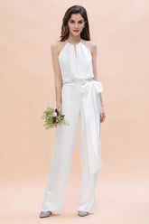 Affordable Halter Sleeveless Ivory Charmeuse Bridesmaid Jumpsuit Online