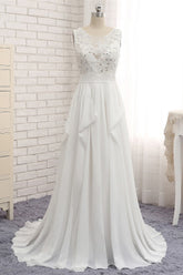 Affordable Jewel White Chiffon Ruffle Wedding Dress Sleeveless Appliques Bridal Gowns with Beadings