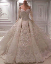 Affordable Longsleeves Ivory Lace Wedding Dresses With Appliques A-line Ruffles Bridal Gowns On Sale