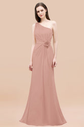 Affordable Mermaid One shoulder Pink Bridesmaid Dresses with Flowers