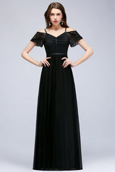 Affordable Off-the-shoulder Black Lace Bridesmaid Dress Online