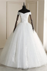 Affordable Off-the Shoulder Sweetheart Tulle Wedding Dress Appliques Sleeveless Bridal Gowns with Pearls