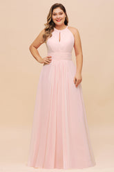 Affordable Plus Size Chiffon Round Neck Pink Bridesmaid Dress