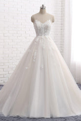Affordable Spaghetti Straps Sleeveless Lace Wedding Dresses A-line Tulle Ruffles Bridal Gowns On Sale