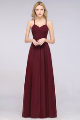 Affordable Spaghetti Straps V-Neck Burgundy Chiffon Bridesmaid Dress with Keyhole Back
