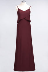 Affordable Spaghetti-Straps V-Neck Burgundy Chiffon Bridesmaid Dresses